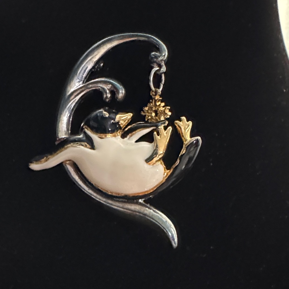 Vintage Paquette Sliding Penguin Enamel Two Tone Brooch
